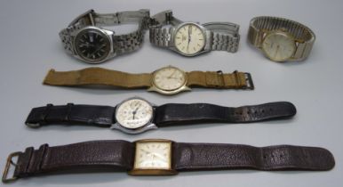 Six gentleman's wristwatches including J.W. Benson chronograph, Seiko, Avia lacking crown and Cimier