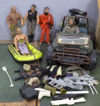 A box of Action Man figures, clothes, Jeep, Dinghy, etc.