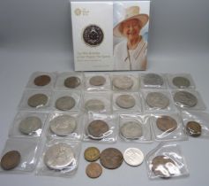 A collection of coins including six £5 coins, a 90th Birthday of Her Majesty The Queen £5 coin