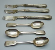 Three Victorian silver spoons, 63g, and three silver forks, total weight of forks 162g, (silver