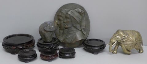 Six oriental lacquered stands, a bronze relief portrait plaque, Dante and Beatrice and two