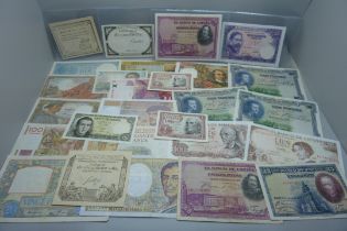 Twenty-seven Spanish and French banknotes, some uncirculated