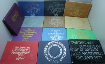 Thirteen GB and Northern Ireland proof coin sets, 1970-1982