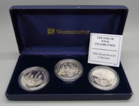 Three 2005 Silver Proof £5 Coins Collection, The End of WWII Celebration, cased, 925 silver, each
