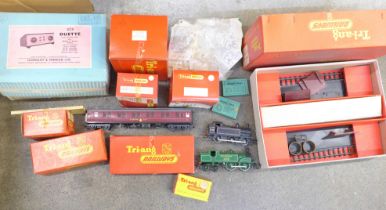 A box of 00 gauge Tri-ang Railways including three tank engines, rolling stock, track, signal box,