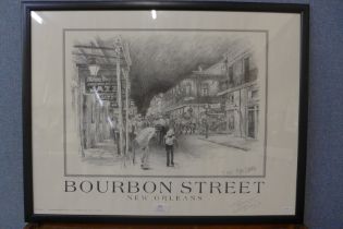 A Don Davey signed jazz print, Bourbon Street, New Orleans, dated 1980, framed