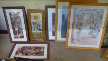 Six assorted prints, framed