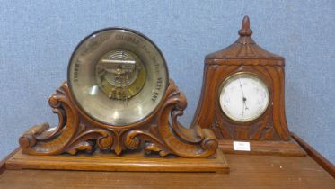 Two Victorian carved oak aneroid barometers