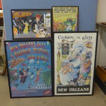 Four assorted new Orleans jazz advertising prints, framed
