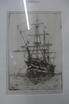 Ray Allen, H.M.S. Victory, etching, signed in pencil, framed