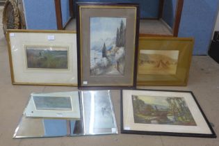Two continental landscapes, watercolour, a rural farming landscape, watercolour, a print and a small