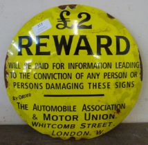 A circular enamelled metal Autombile Reward advertising sign
