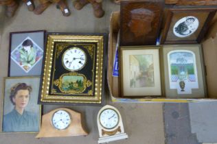 Assorted prints, paintings, black and gilt wall clock and two mantel clocks