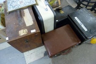 An early 20th Century plywood box, a briefcase, handbag, typewriter, etc.