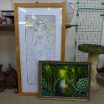 An Alphonse Mucha style print and an oil landscape