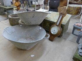 Two tin baths, a brass coal box and a carved oak aneroid barometer