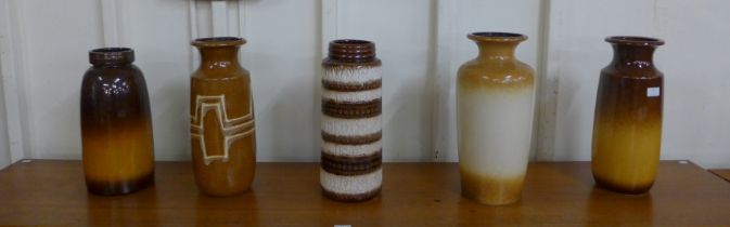 Five West German brown and ochre glazed porcelain vases