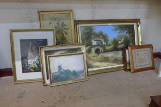 Assorted paintings, a print and a modern sampler