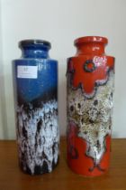 Two West German red and blue glazed porcelain volcano vases