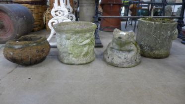 Two concrete garden planters, a figure of a frog and one other