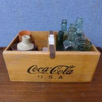 A pine Coca-Cola trug, assorted vintage glass bottles, etc.