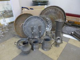 Assorted pewter and copperware, etc.