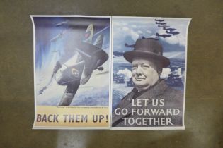 Two posters, WWII Public Information, Back Them Up, Hurricanes of the Royal Navy co-operating with