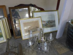 A Victorian mahogany mirror, a gilt framed mirror, two prints and a brass chandelier