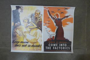 Two posters, WWII Public Information, Women of Britain Come Into The Factories and Keep Mum She's