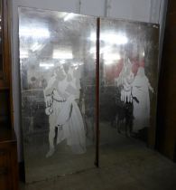 Two large etched glass Robin Hood themed mirrors