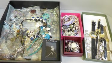 A box containing 55 necklaces, a pendant, lady's wristwatches, owl brooches and a pendant watch