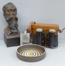 A pair of Zenith binoculars, cased, a Muramic Hornsea dish, a Spanish finely carved wooden bust of