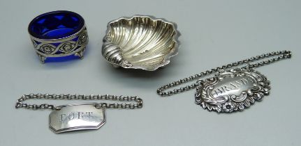 Two silver salts including one continental and two silver decanter labels, one Victorian Brandy