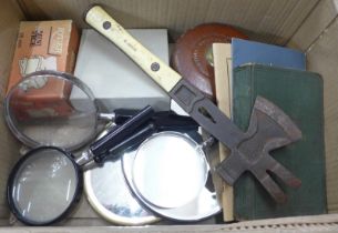 A German pallet axe, a War issue surveyor's tape measure, a Handbook of Signalling, 1913, other