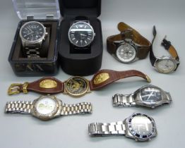 Two boxed Armani watches and other watches including chronograph