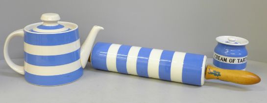 Three items of Cornish ware including T.G. Green rolling pin and Cream of Tartar pot