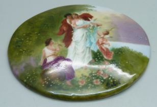 A domed oval German hand painted porcleain plaque, entitled, Arbend, signed Siebel, 93mm wide