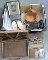 A 1930s leather writing/correspondence case, leather cased shaving kit, brushes, collar box and a