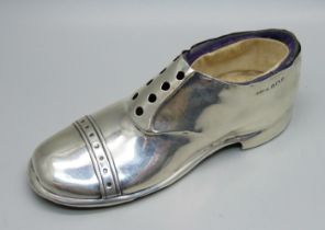A silver pin cushion shoe, Birmingham 1919, 12cm