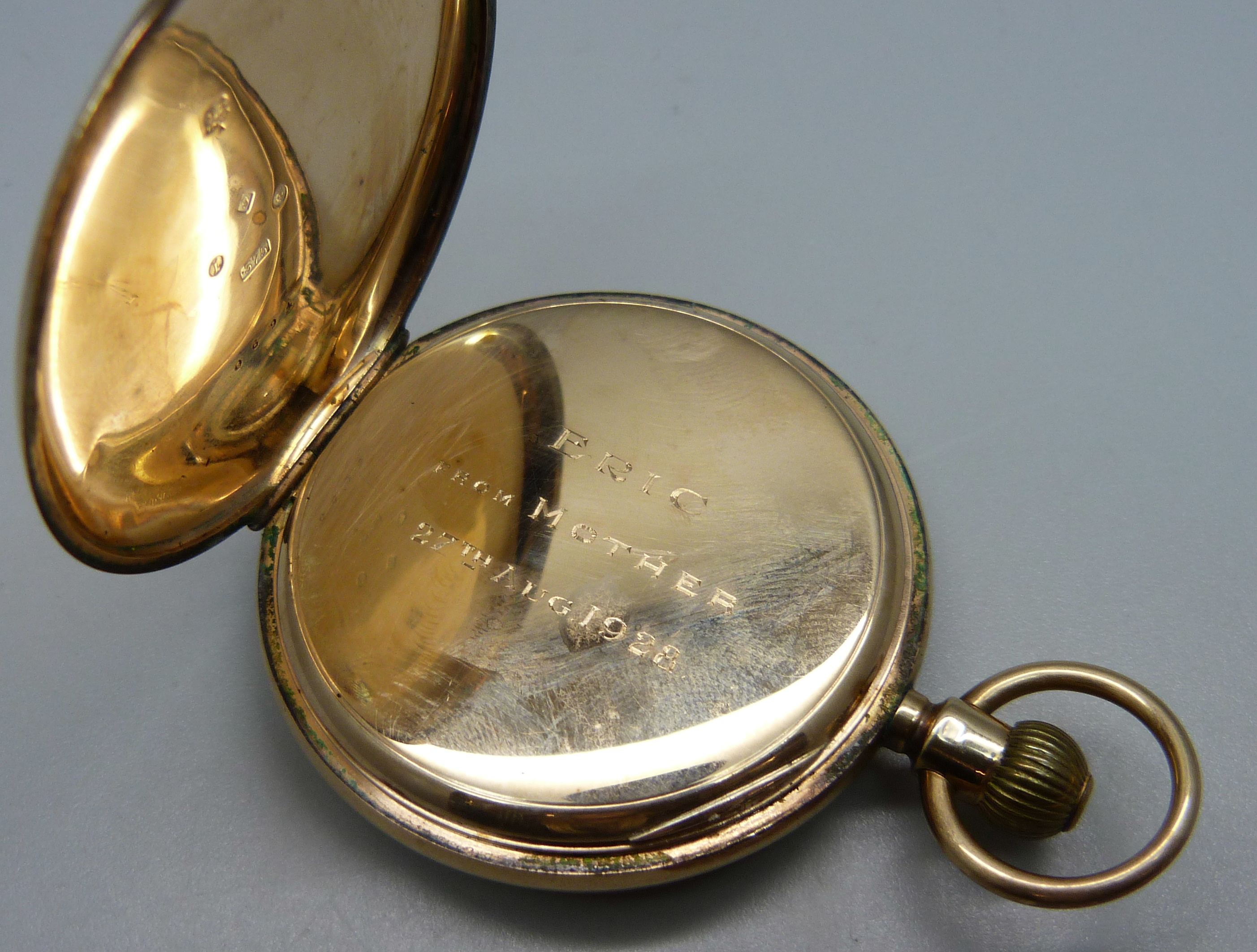 A 9ct gold full-hunter pocket watch, inner case 9ct gold, bears inscription dated 1928 and monogram, - Image 5 of 8