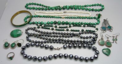 A collection of silver and other jewellery including malachite and hematite mounted