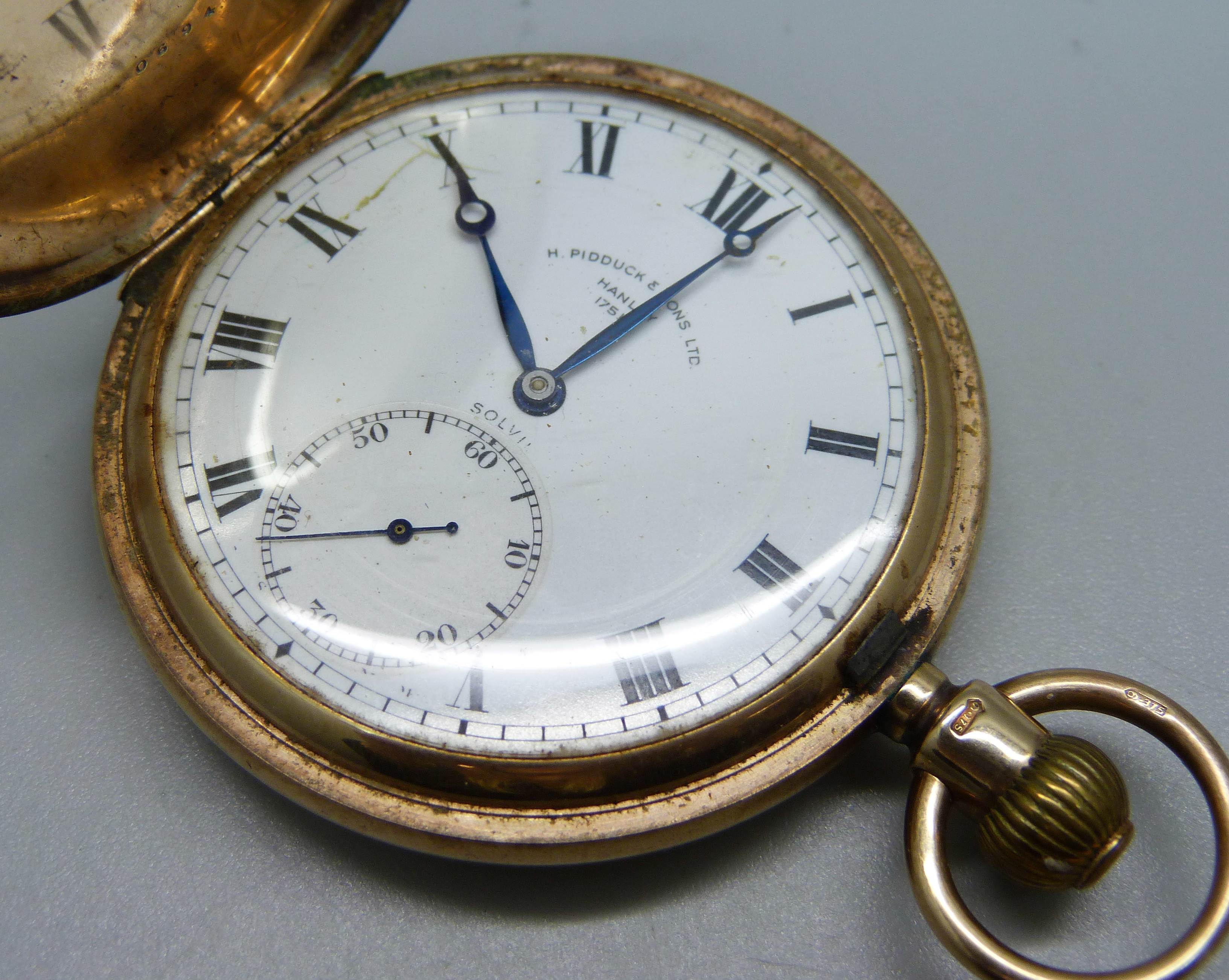 A 9ct gold full-hunter pocket watch, inner case 9ct gold, bears inscription dated 1928 and monogram, - Image 2 of 8