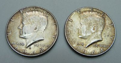 Two Kennedy half-dollar coins, 1964 and 1968