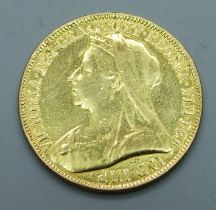 A Victorian 1893 £2 sovereign, (previously mounted)
