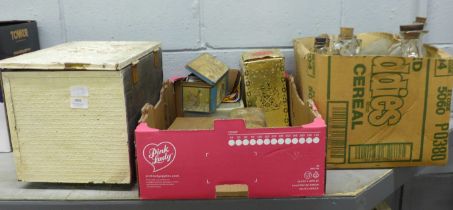 A collection of bottles, a box containing vintage books, a/f, a collection of buttons, etc. **PLEASE