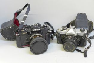 Two 35mm film cameras, Canon EF and Fujica STX-1
