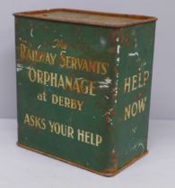 A rare Railways contributions tin, 'The Railway Servants Orphanage at Derby Asks Your Help', 12cm