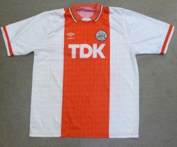 Football kit, an Ajax football shirt, circa 1898-1991 with later (Johann) Cruyff, 9 transfer to the