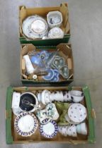 Three boxes of mixed teawares, decorative china including Wedgwood Jasperware, Hummel figure and