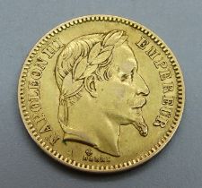 A French 20 Franc gold coin, 1865, 6.4g